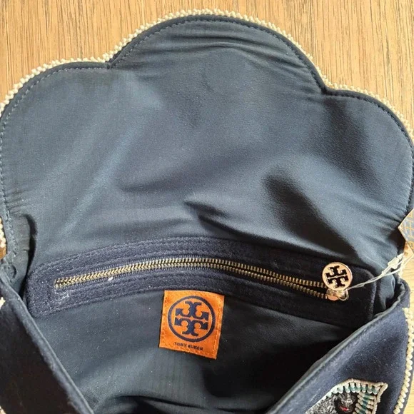 NWT TORY BURCH Indian Beaded Clutch Navy Blue Felt Purse, Designer Handbag - Picture 6 of 10